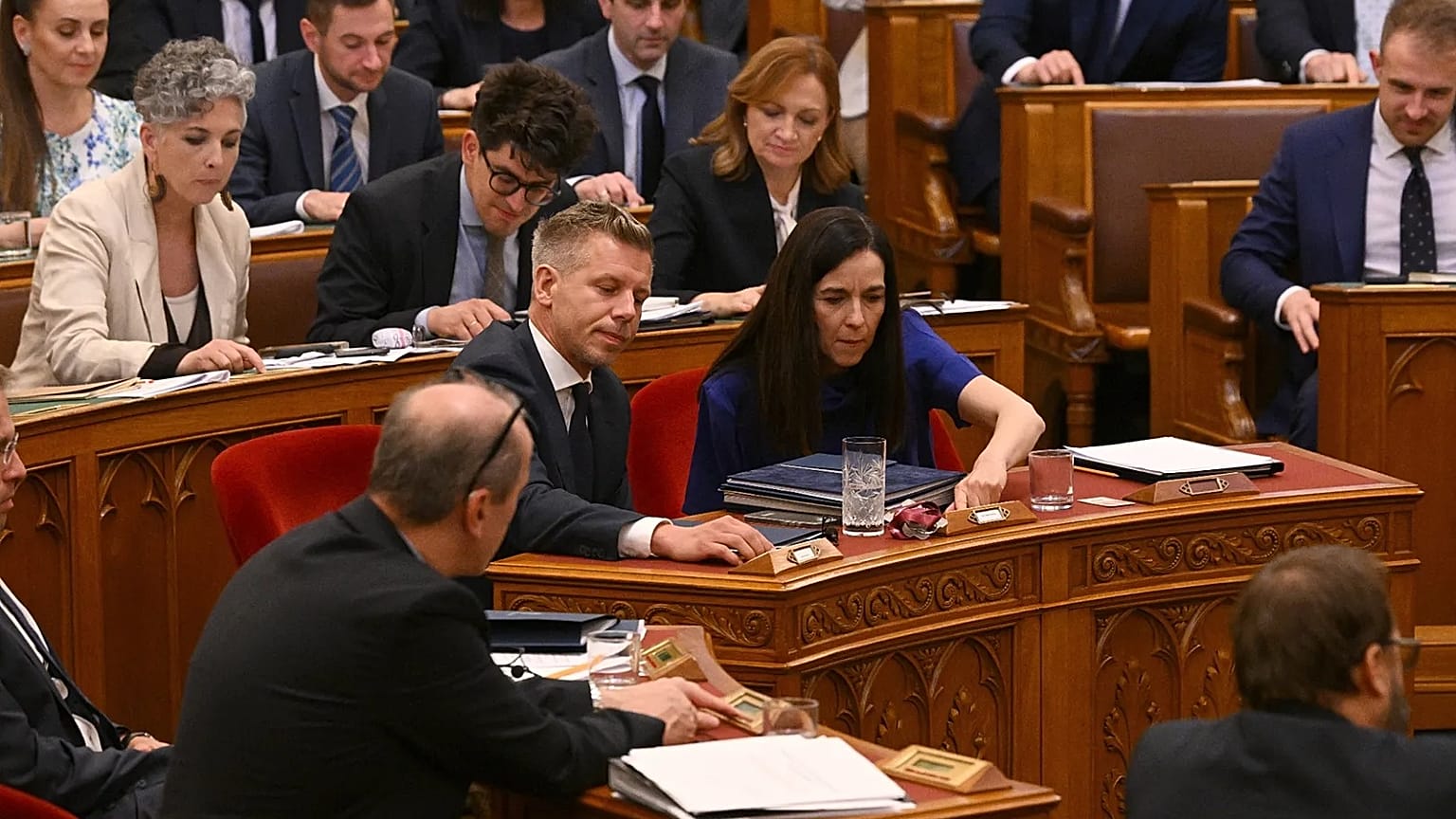 Hungarian Prime Minister Péter Magyar, centre left, and Foreign Minister Anita Orban, centre right, voting in the Hungarian Parliament.