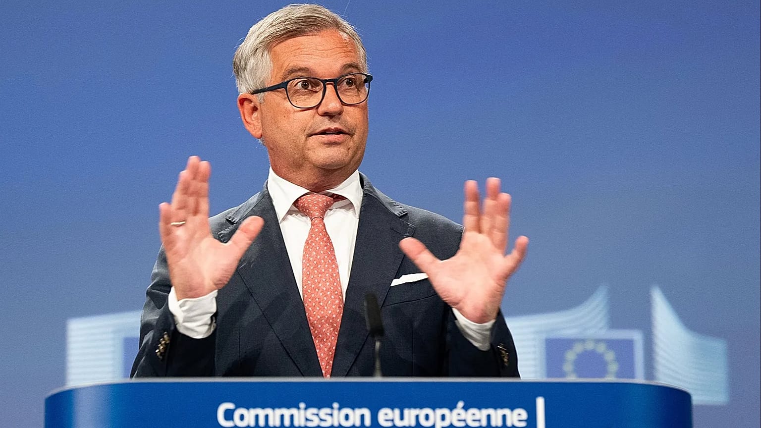 European Commissioner for Internal Affairs and Migration, Magnus Brunner, speaks during a press conference at EU headquarters in Brussels, Tuesday, Aug. 4, 2026.