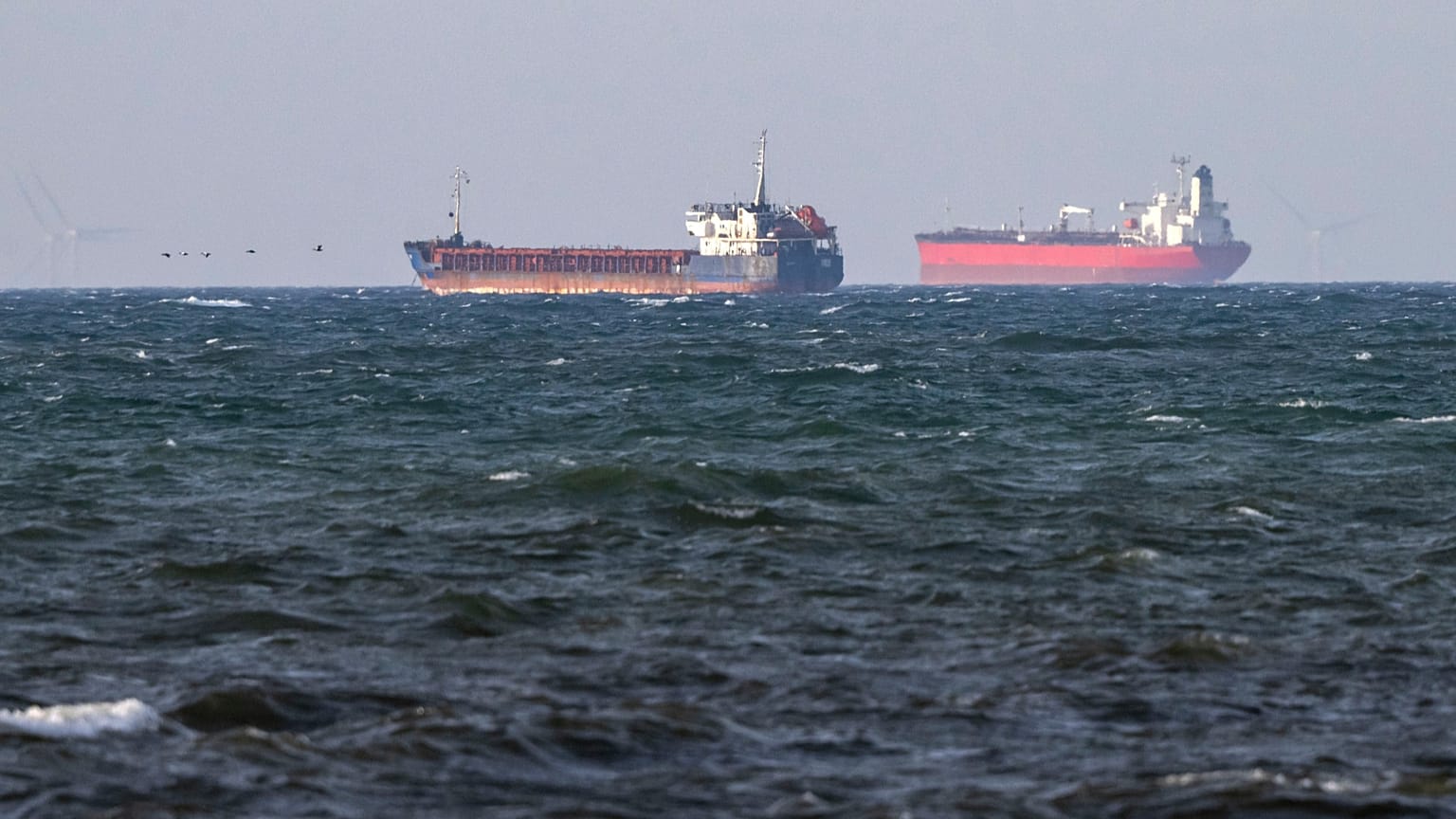The boarded ships Caffa, left, and Sea Owl I anchored side by side outside Trelleborg, 13 March, 2026