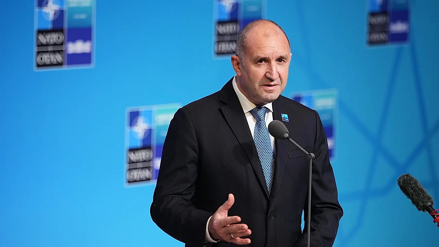 Bulgaria's Prime Minister Rumen Radev speaks as he arrives for the NATO summit in Ankara, Turkey, Wednesday, July 8, 2026.