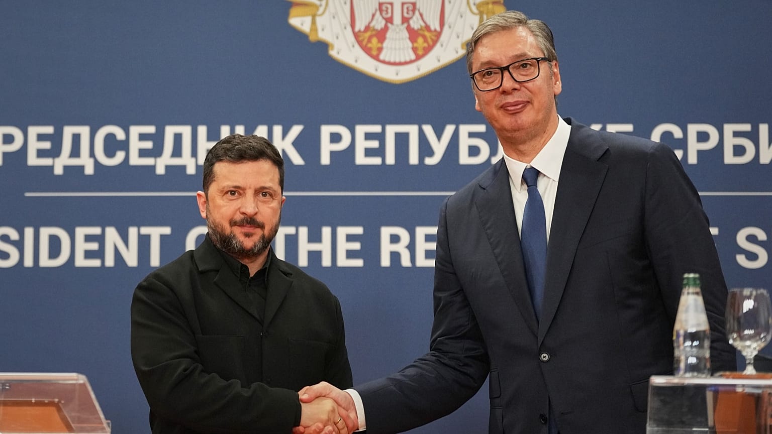 Ukraine's President Volodymyr Zelenskyy shakes hands with his Serbian counterpart Aleksandar Vučić at the Serbia Palace, in Belgrade, Serbia, Saturday, Aug. 8, 2026.