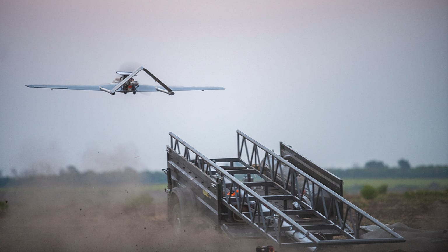 A Ukrainian "Chaklun" long-range strike drone takes off from a mobile launcher during an operational launch targeting Russian military installations in Crimea.