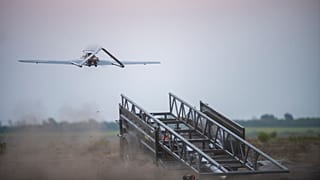 A Ukrainian "Chaklun" long-range strike drone takes off from a mobile launcher during an operational launch targeting Russian military installations in Crimea.