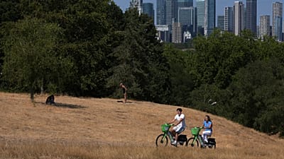 People ride bicycles in Greenwich Park amid dried grass in London, Tuesday, Aug. 11, 2026.