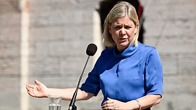 Sweden's then Prime Minister Magdalena Andersson speaks during a press conference in Visby, Sweden, Sunday, July 3, 2022.