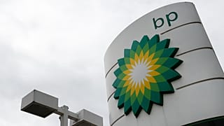 FILE. The logo of British Petroleum, BP, adorns a petrol station in west London, Aug. 2020